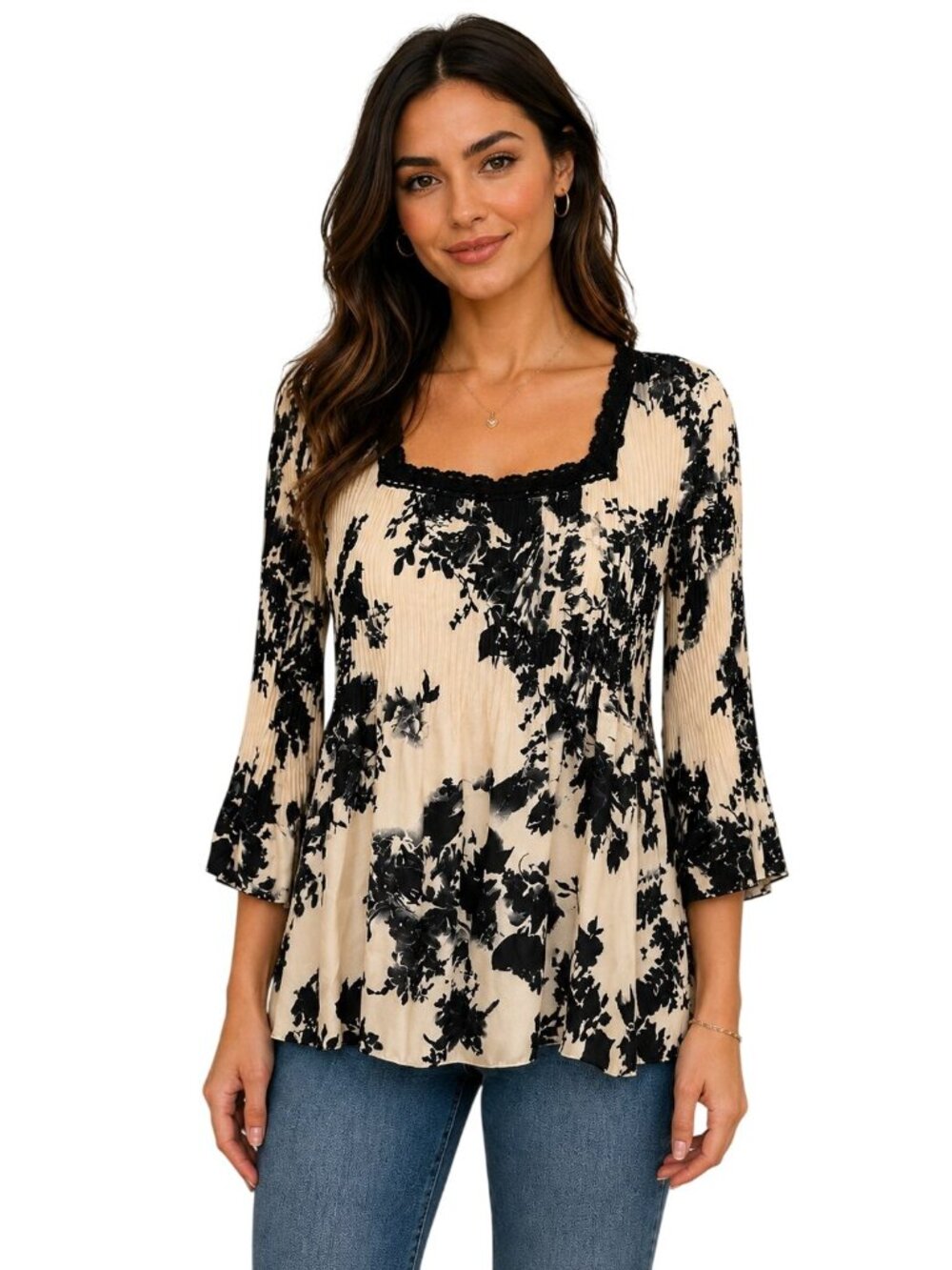 Y2K Plisse Black & Ivory Floral Pleated Blouse Medium Square Neck 3/4 Sleeve